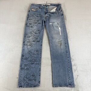 Diesel Keetar Straight Jeans Mens 32x32 Blue Denim Distressed Button Fly Italy
